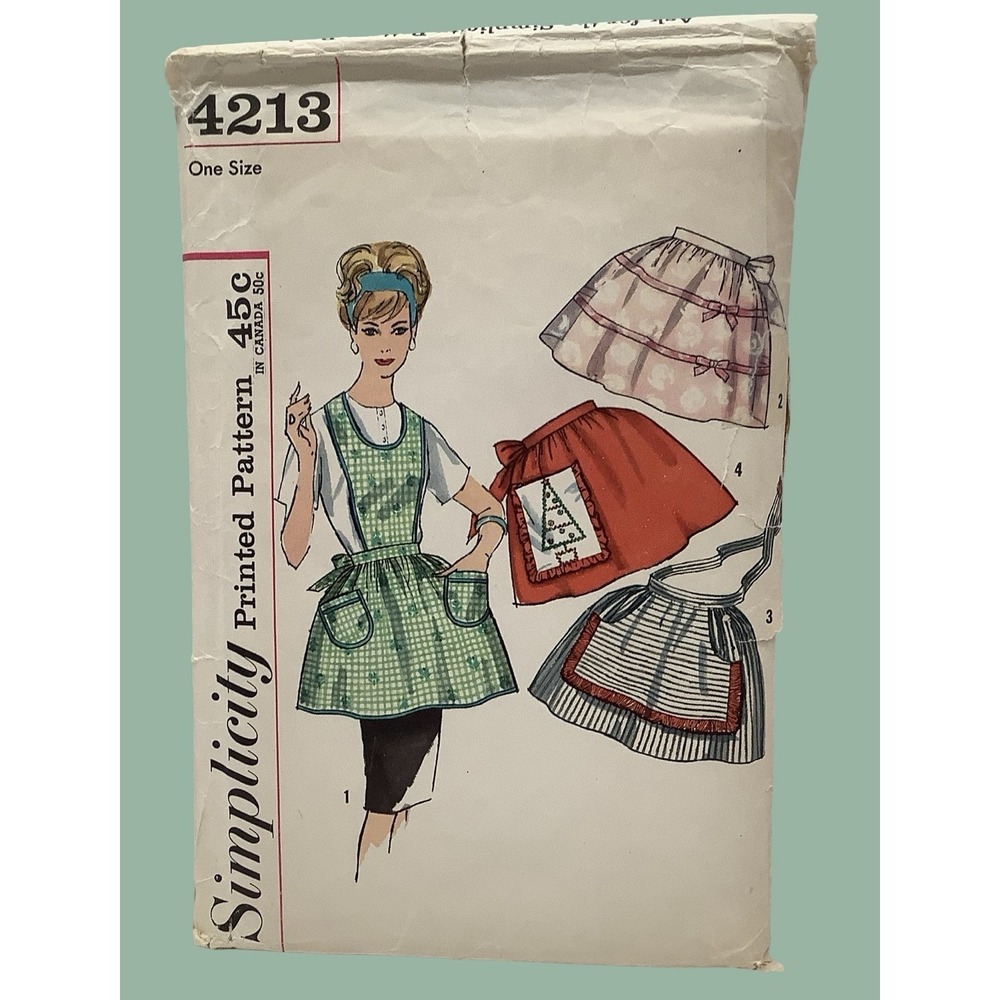 Vintage 1960s Bib & Half Apron Sewing Pattern Simplicity 4213 Cut Complete